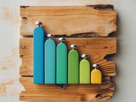 Colorful bar charts showcasing steady business growth depicted on a wooden surface. photo