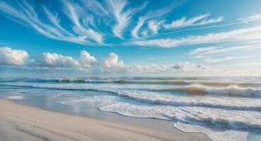 Waves crashing on a serene sandy beach under a bright blue sky with fluffy clouds in a picturesque coastal scene. photo