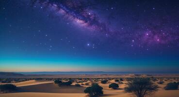 Vibrant Night Sky Displaying Endless Stars Above Vast Desert Landscape Beneath Bright Blue Atmosphere Invoking Wonder and Serenity in Nature. photo