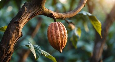 Cocoa pod growing on tree branch in natural sunlight highlighting the rich textures and vibrant foliage of a cocoa plantation. photo