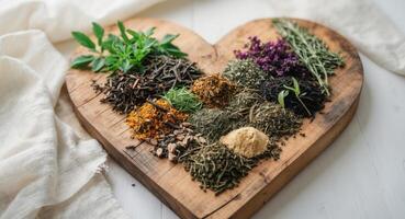 Beautiful flat lay of assorted teas and herbs arranged in a heart shape on wooden board. photo