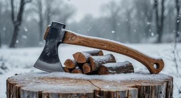 Axe embedded in a wooden stump surrounded by chopped firewood symbolizing winter preparation in a serene snowy landscape photo