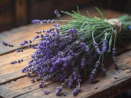 Freshly Gathered Lavender Bouquet on Rustic Wooden Surface for Aromatherapy Use. photo