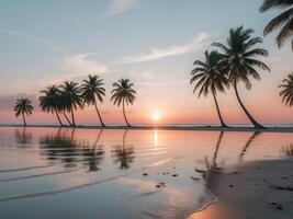 Sunset at a serene beach with palm trees reflecting golden hues on the water. photo