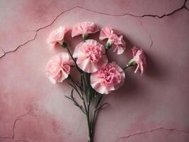 Pink carnation flowers flat lay on pink grunge texture background. photo