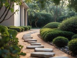 a modern house with a stone pathway leading to it. photo