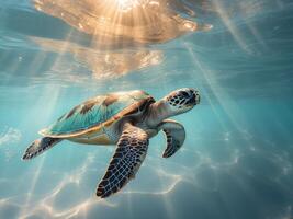 Graceful sea turtle gliding through clear ocean waters with sunbeams illuminating its path and creating a serene underwater atmosphere photo