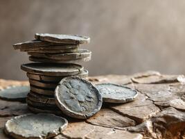 Stacked ancient coins on textured rock surface for historical themes photo