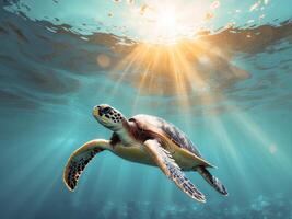 Graceful sea turtle gliding through clear ocean waters with sunbeams illuminating its path and creating a serene underwater atmosphere. photo
