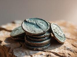 Stacked ancient coins on textured rock surface for historical themes. photo