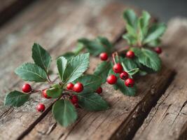 Two sprigs of foliage with berries on wood photo