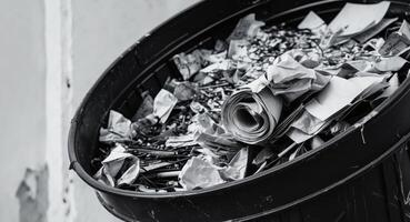 Overflowing Black Trash Can with Crumpled Paper Shot Close Up. photo