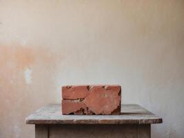 A brick is sitting on a table in front of a wall photo