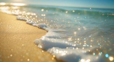 Exploring golden sandy beaches under a bright sky with gentle waves lapping at the shore as sunlight dances on the water. photo