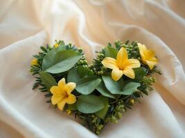 Heart Shape Made of Green Leaves and Yellow Flowers on a Soft Background photo