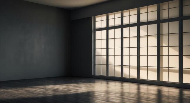 Natural light casting shadows in an empty room with dark walls and a large window photo