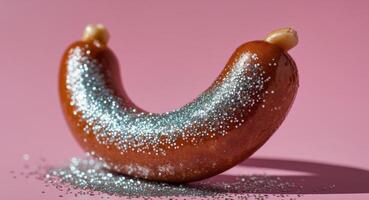 Fried sausage with decorative glitter on a pink background showcasing a unique culinary concept and playful food presentation photo