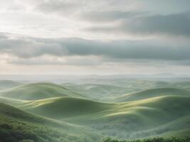 Lush Green Landscape with Rolling Hills and Verdant Foliage Under Cloudy Sky. photo
