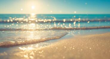 Exploring golden sandy beaches under a bright sky with gentle waves lapping at the shore as sunlight dances on the water photo