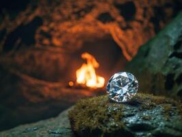 A diamond is sitting in a cave with a fire in the background photo