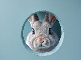 Curious rabbit peeking through hole in light blue background. photo