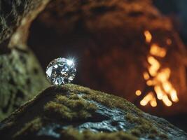 A diamond is sitting in a cave with a fire in the background. photo