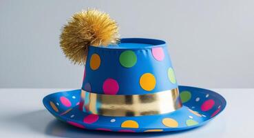 Blue party hat with colorful polka dots and gold pompom. photo
