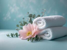 Spa Essentials with Soft Towels and Fragrant Flowers on a Serene Blue Background photo