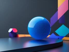 Vibrant abstract composition featuring geometric shapes and a colorful sphere on a smooth surface photo