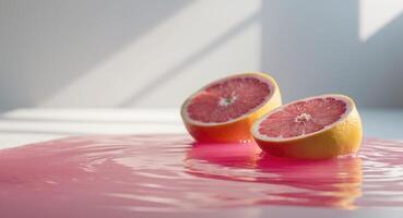 Two Grapefruit Halves Immersed In Pink Juice photo