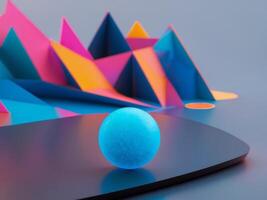 Vibrant abstract composition featuring geometric shapes and a colorful sphere on a smooth surface. photo