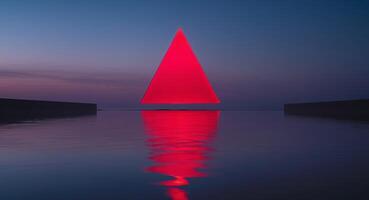 A red triangle is lit up in the sky above a body of water photo