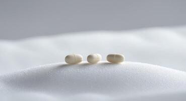 Three small pills are sitting on a white surface. photo