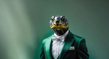 Charming turtle wearing a suit posing on an elegant green background photo