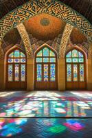 A room with three stained glass windows photo