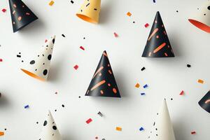 Colorful Party Hats and Confetti on White Background photo