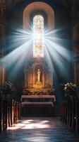 Sunlight Streaming Through Stained Glass Illuminating a Serene Church Interior photo