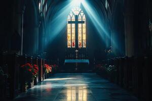 Sunlight Streaming Through Stained Glass in a Historic Cathedral Interior photo