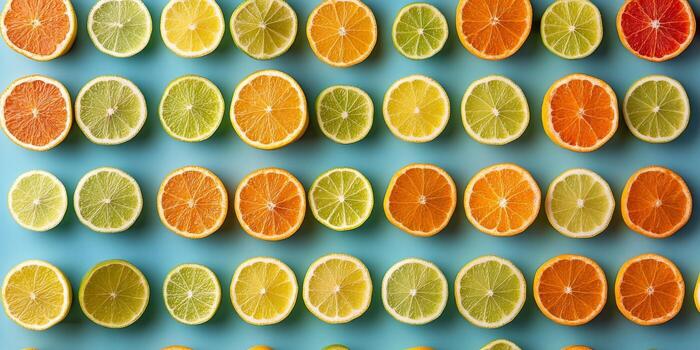 un fila de naranjas y limas son rebanado y arreglado en un azul antecedentes foto