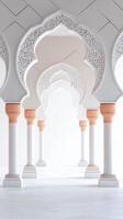 A long hallway with white pillars and arches photo
