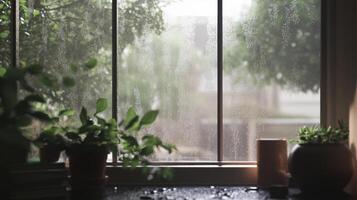 A window with raindrops on it and a potted plant on the windowsill photo