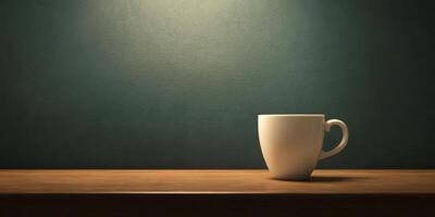 Minimalist White Coffee Cup on Wooden Surface Against Dark Green Background with Soft Lighting photo