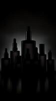 A row of black bottles with a black background photo