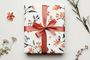 Elegant Gift Box with Floral Pattern and Red Ribbon photo