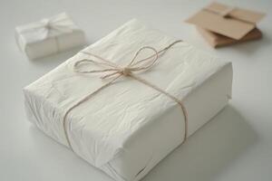 A white box with a bow on it photo