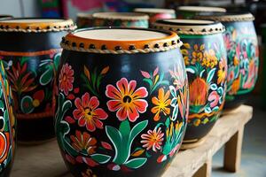 A row of colorful vases with flowers painted on them photo