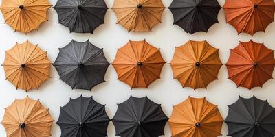 Colorful Pattern of Umbrellas on Display Against a White Wall photo
