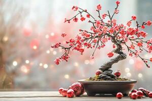 Beautiful Bonsai Tree with Red Blossoms and Festive Ornaments in Soft Focus Background photo