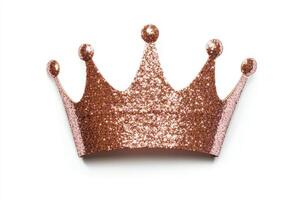 Sparkling Rose Gold Glitter Crown Isolated on White Background for Royalty and Celebration Themes photo