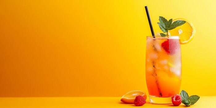 A glass of orange juice with a straw and raspberries photo